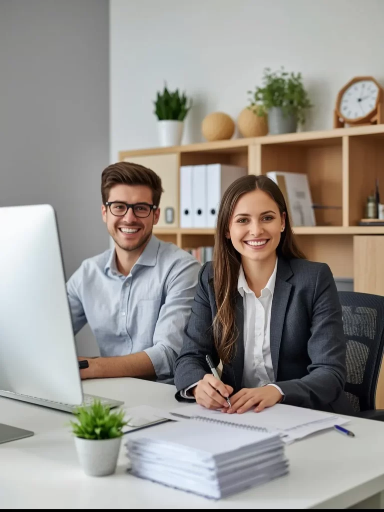 Dois jovens formandos no curso de auxiliar administrativo, um do sexo masculino e outro do sexo feminino, ambos estão sentados à mesa de um escritório.
