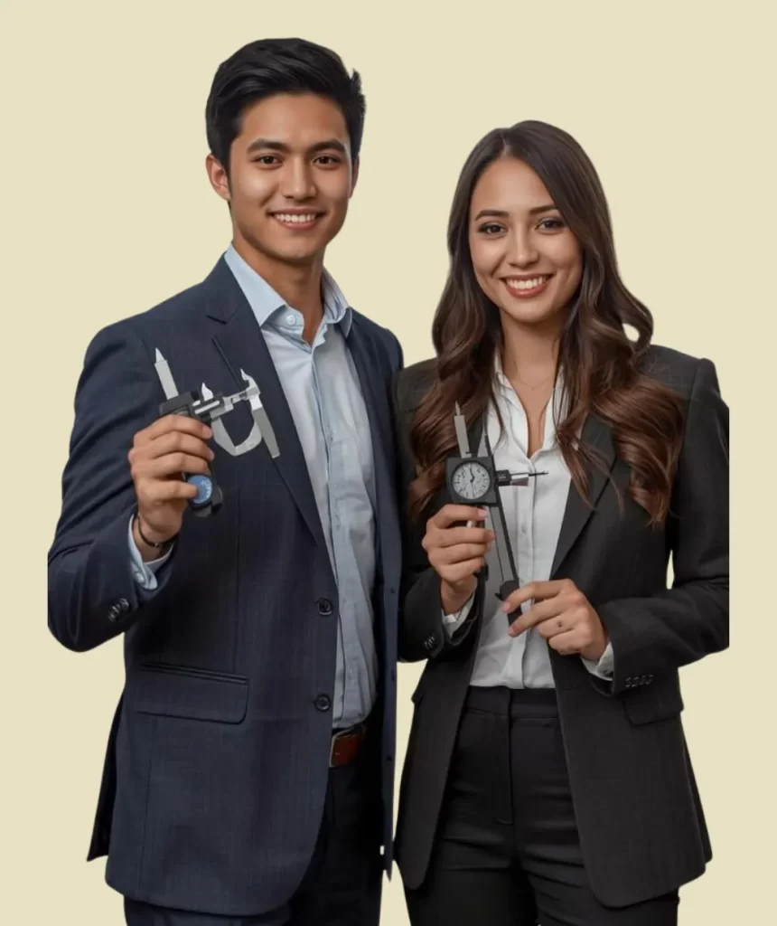 Formandos do Curso de Analista da Qualidade segurando paquímetro e micrômetro.