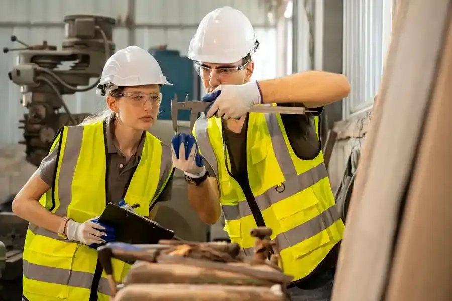 Curso Analista de Qualidade: Profissionais masculino e feminino realisam inspeção de qualidade em ambiente Industrial.